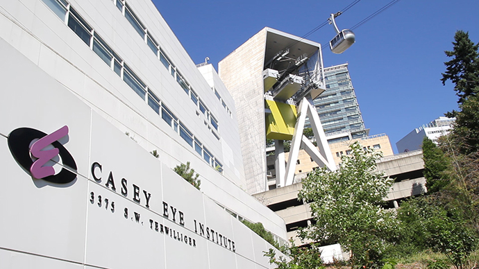 View of OHSU Casey Eye Institute with Portland Aerial Tram in the background.