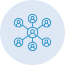 Dark blue icon of a network of people with one person in the middle as a hub and 6 spokes around it.