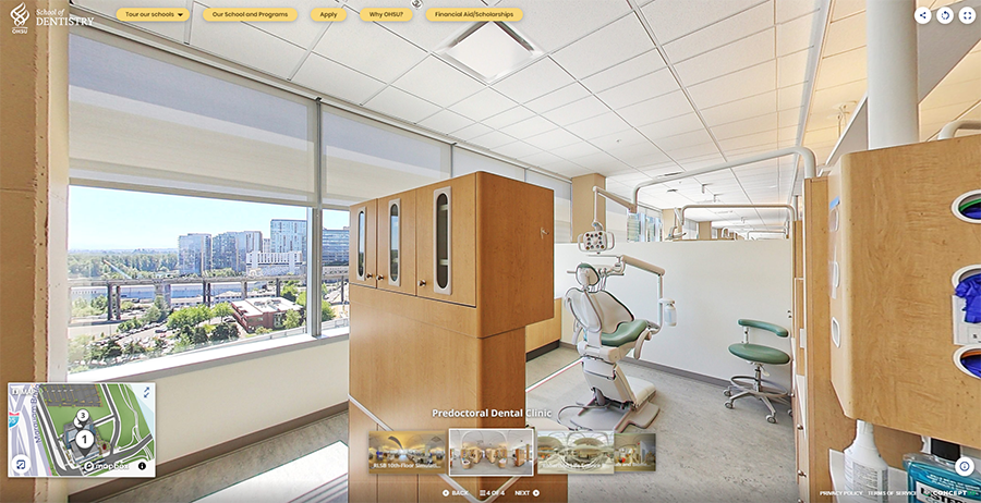 The virtual tour shows a dental training area, with an exam chair enclosed by cubicle walls and views of the Willamette River out the window.