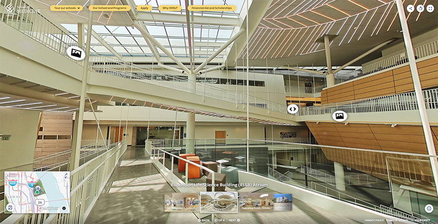 The virtual tour shows the open spaces within the Robertson Life Sciences Building, with elevated walkways and sitting areas.