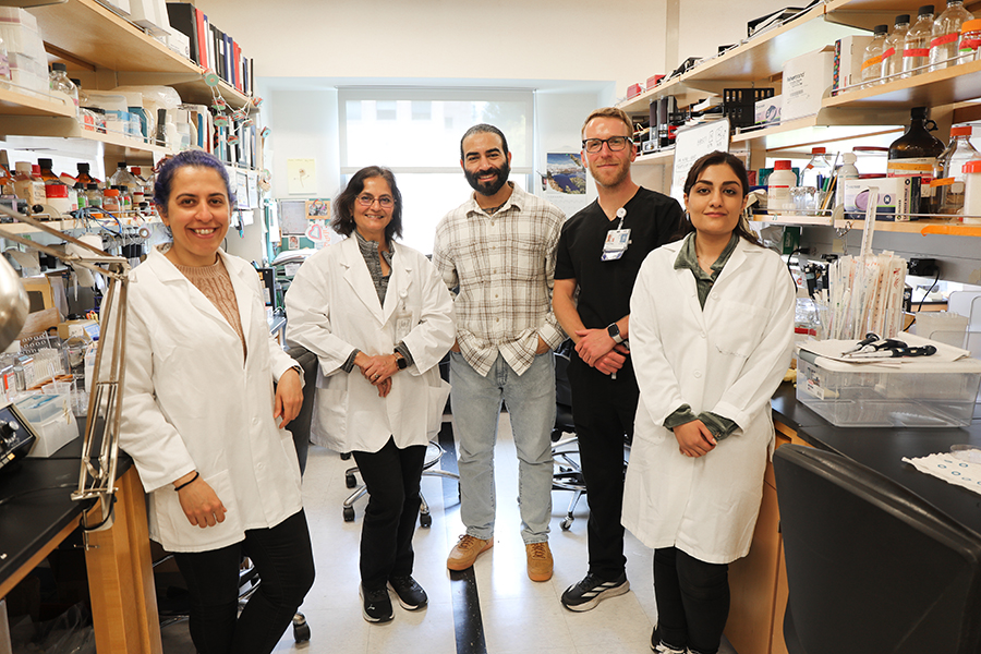 A group of medical researchers stand next to each other in a research lab.