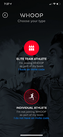 WHOOP band login, select elite team athlete