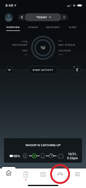 WHOOP app login, select group icon