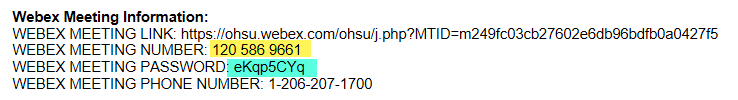Screenshot of webex meeting information in secure email. Including meeting link, number, password and phone number
