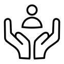 Black and white icon of two hands holding up a person.