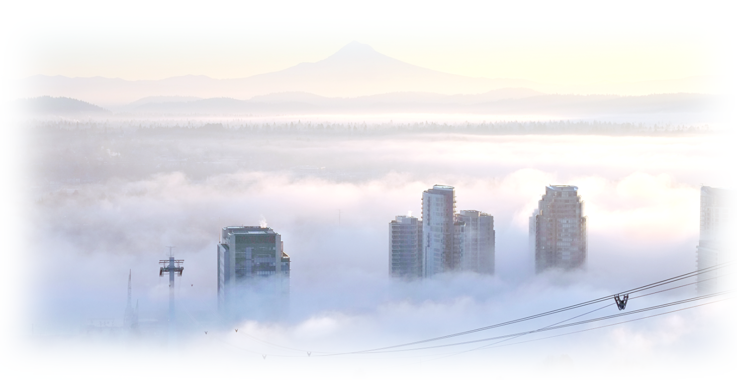 Fog over the aerial tram and OHSU South Waterfront