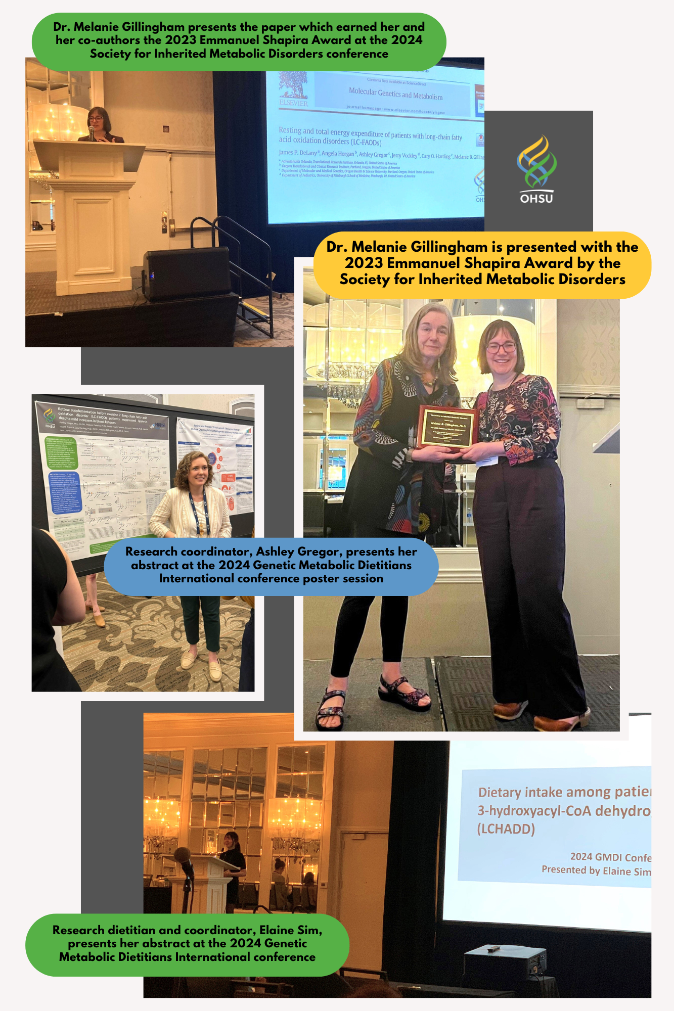 Dr. Melanie Gillingham presenting the paper that earned the 2023 Emmanuel Shapira Award and being presented the award at the 2024 SIMD conference. Ashley Gregor and Elaine Sim presenting their abstracts at the 2024 GMDI conference.