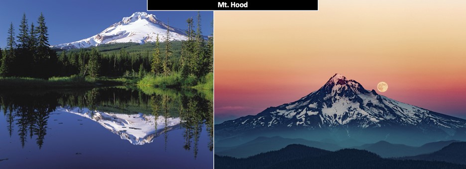 A daylight and a sunset photograph of Mount Hood