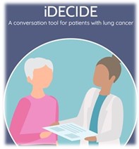 Logo for iDECIDE with caption: A conversation tool for patients with lung cancer