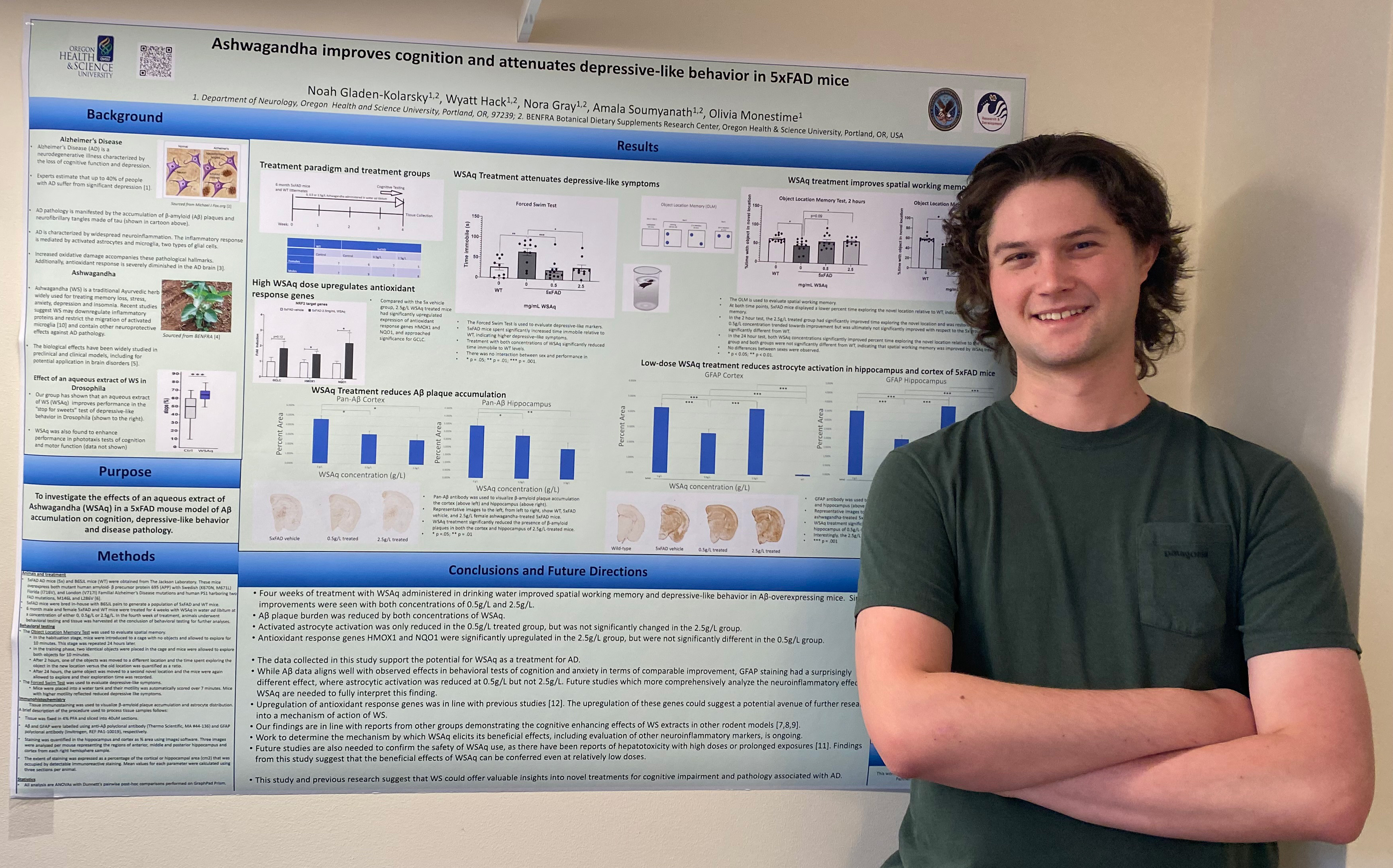   Noah Gladen Kolarksy presenting a  poster on  effects of Ashwagandha in a mouse model of Alzheimer's Disease