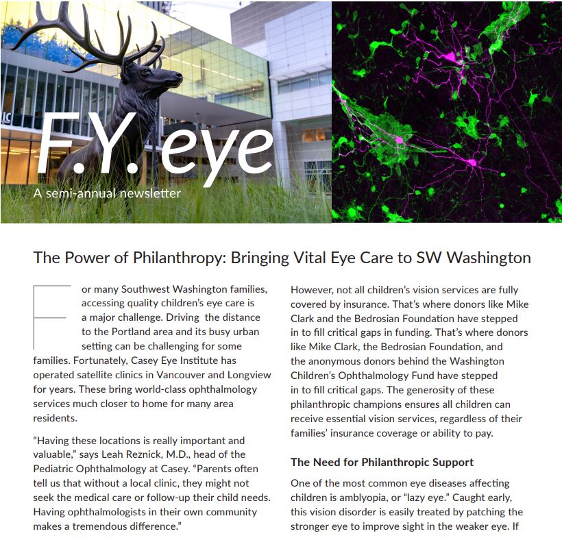 Two photos split the top with the title "FY Eye" overlaying a photo of an elk statue on the right and a photo of purple and green microscopic cells on the right. Below the images is text.