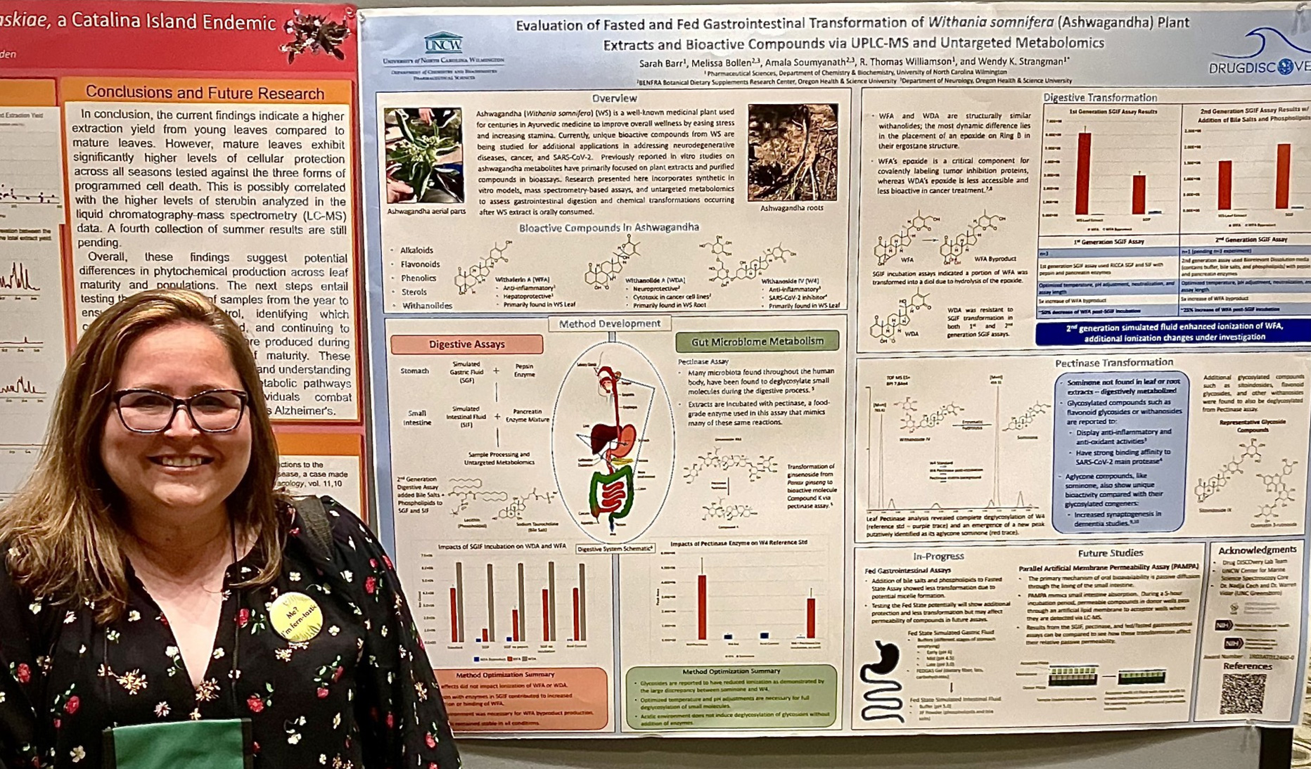 Sarah Barr of UNCW standing in front of her conference poster, "Evaluation of Fasted and Fed Gastrointestinal Transformation of Withania somnifera (Ashwagandha) Plant Extracts and Bioactive Compounds via UPLCMS and Untargeted Metabolomics"