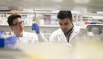 Two pharmacy students wearing lab coats and gloves work in the pharmacy.