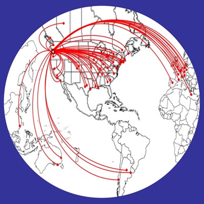 Map of the world with lines arcing to all locations served by the Transgenic Mouse Model Core.