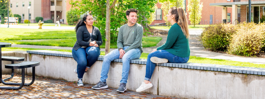 Three nursing school students sit on a low wall chatting. It is a sunny day and they are in front of trees, grass, and bushes.