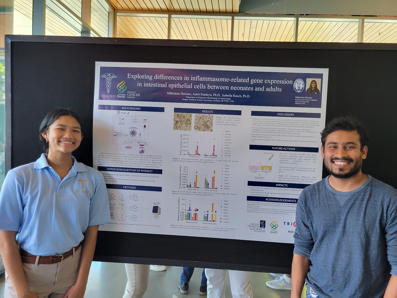 Mahea and her proud mentor Ankit in front of Maheas poster