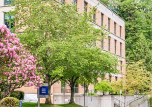 The Portland School of Nursing building, framed by flowering trees. 