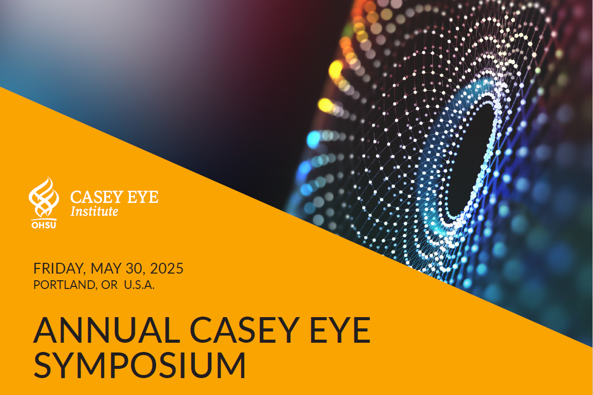 A series of tiny colorful lights create a shape that resembles an eye. There is a yellow triangle on the bottom left side with the OHSU Casey Eye Institute logo, the date May 30, 2025, and the event name Annual Casey Eye Symposium. 