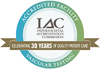 A badge that reads "Intersocietal Accreditation Commission," "Accredited Facility Vascular Testing," and "Celebrating 30 Years of Quality Patient Care."