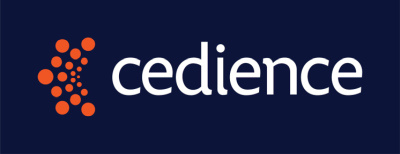 Cedience logo. White text on dark blue background with an arc of orange circles to the left of the text.