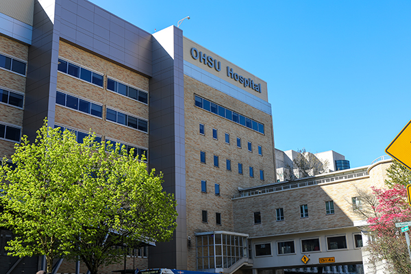 The exterior of OHSU Hospital on a sunny day.