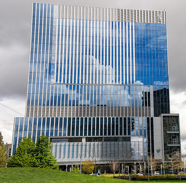 The Center for Health & Healing, Building 2, has a 15-story glass façade.