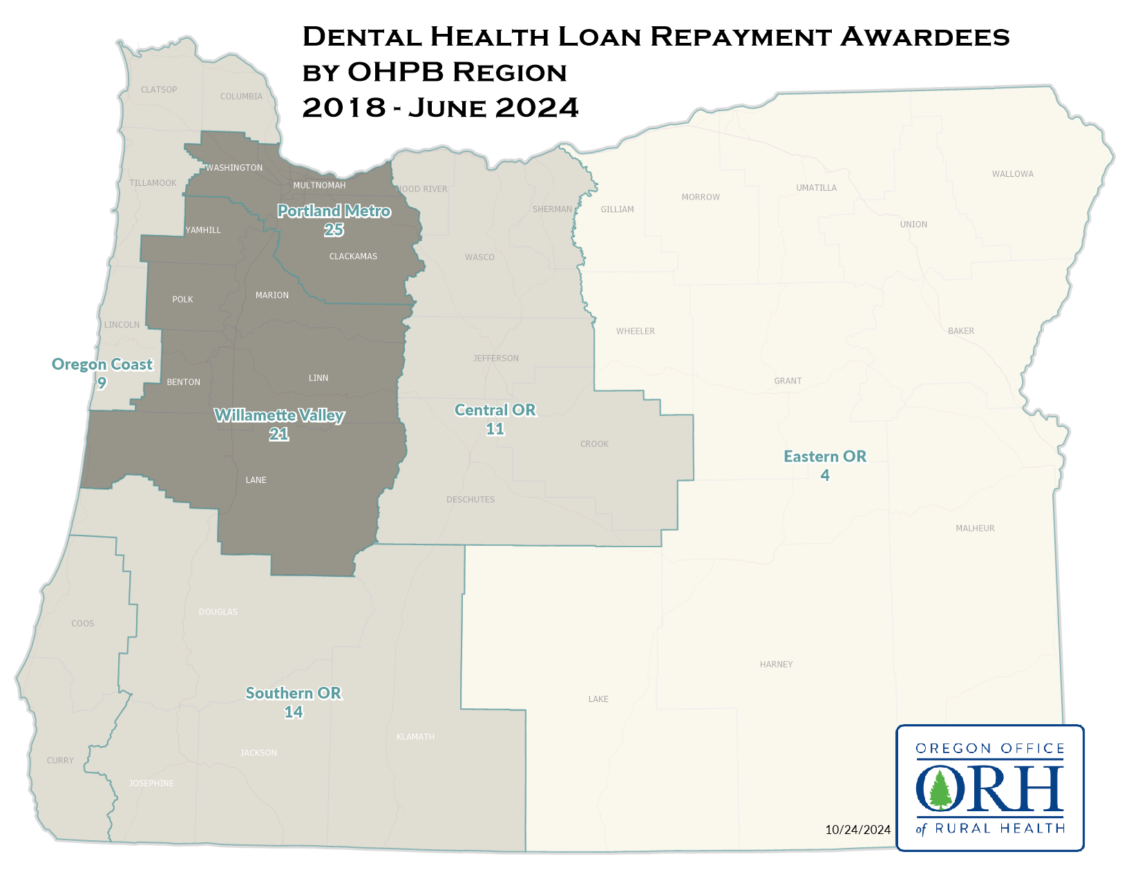 Dental Health Loan Repayment Awardees by OHPB Region 2018 - June 2024