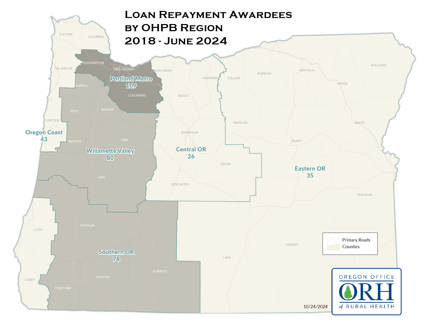 Loan Repayment Awardees by OHPB Region 2018 - June 2024