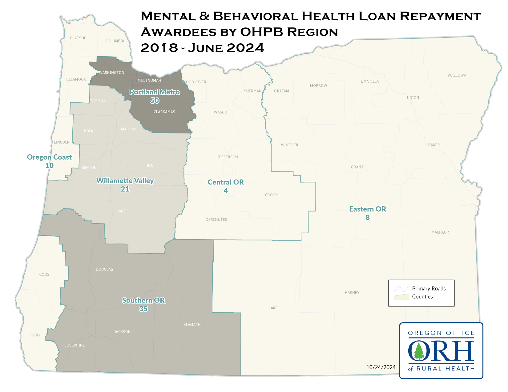 Mental & Behavioral Health Loan Repayment Awardees by OHPB Region 2018 - June 2024