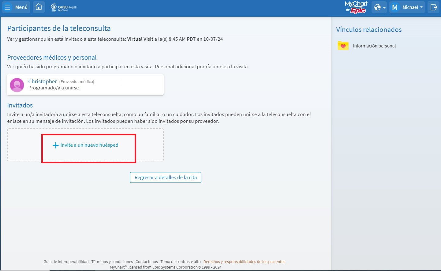 4. Haga clic en "Invite a un nuevo huésped" para ingresar los datos de contacto de la persona que desea agregar a su consulta.”