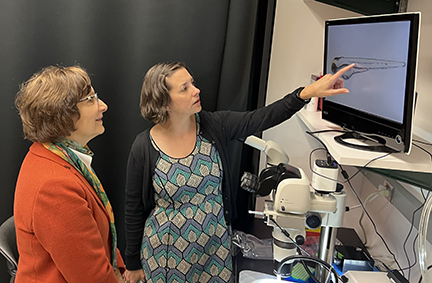 Dr Kelly Monk discusses neuroscience research with US House Representative Suzanne Bonamici at the Vollum Institute