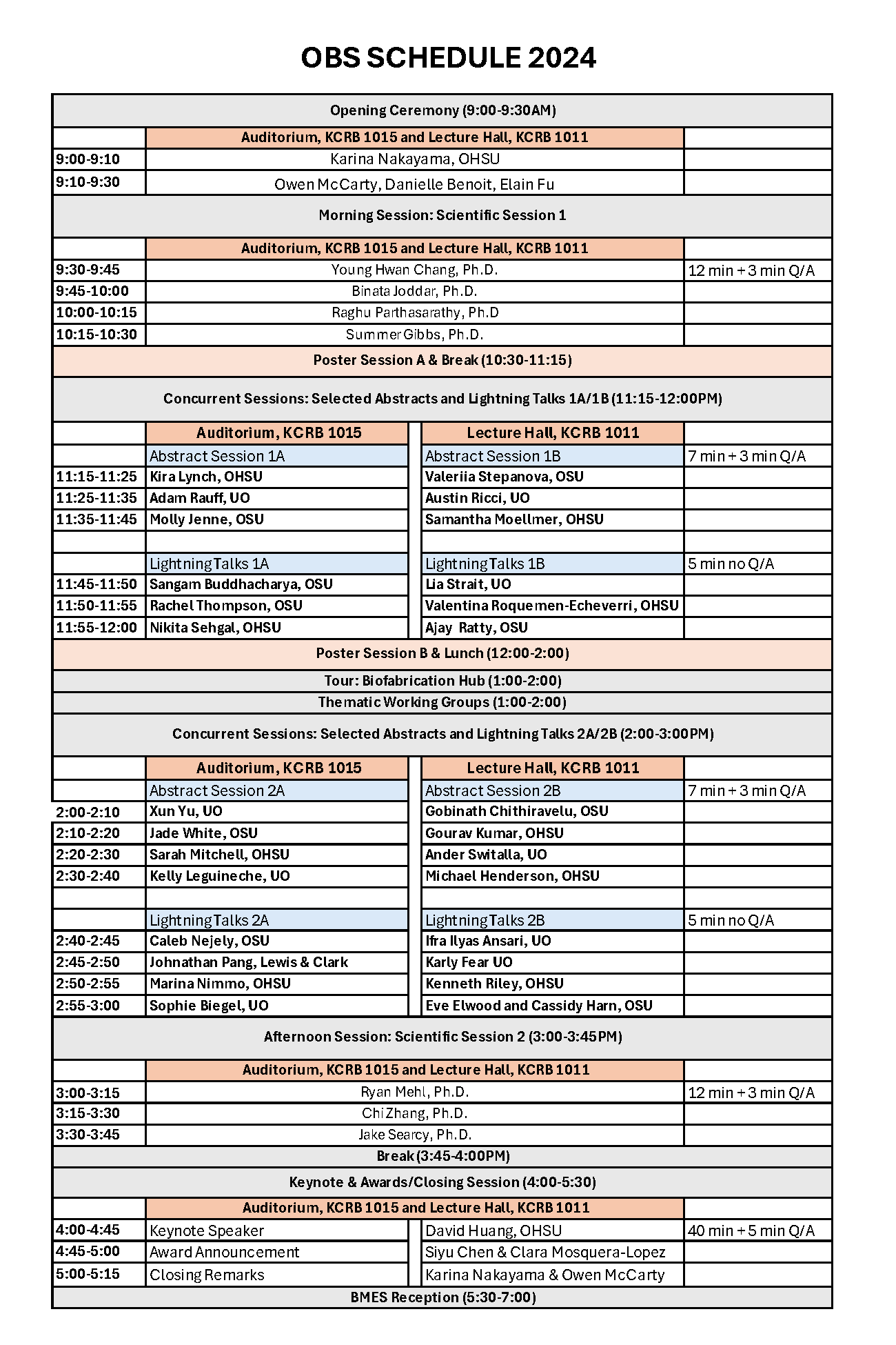 Oregon Bioengineering Symposium Presentation Schedule