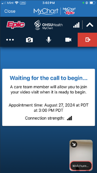 A screen shot of the Epic MyChart visit showing what waiting for a call looks like on an iPad