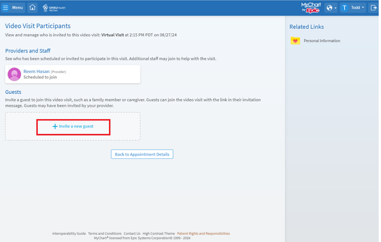 A screen shot of the Epic MyChart video visit, showing patients to add new guest to call.