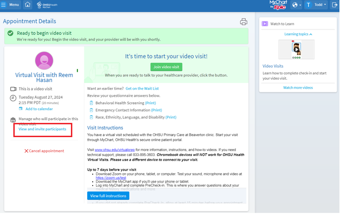 A screen shot of the Epic MyChart video visit, showing patients how to add participants.