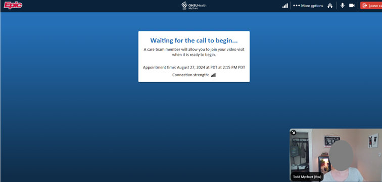 A screen shot of the Epic MyChart video visit, showing the "waiting to join" window of a video visit.