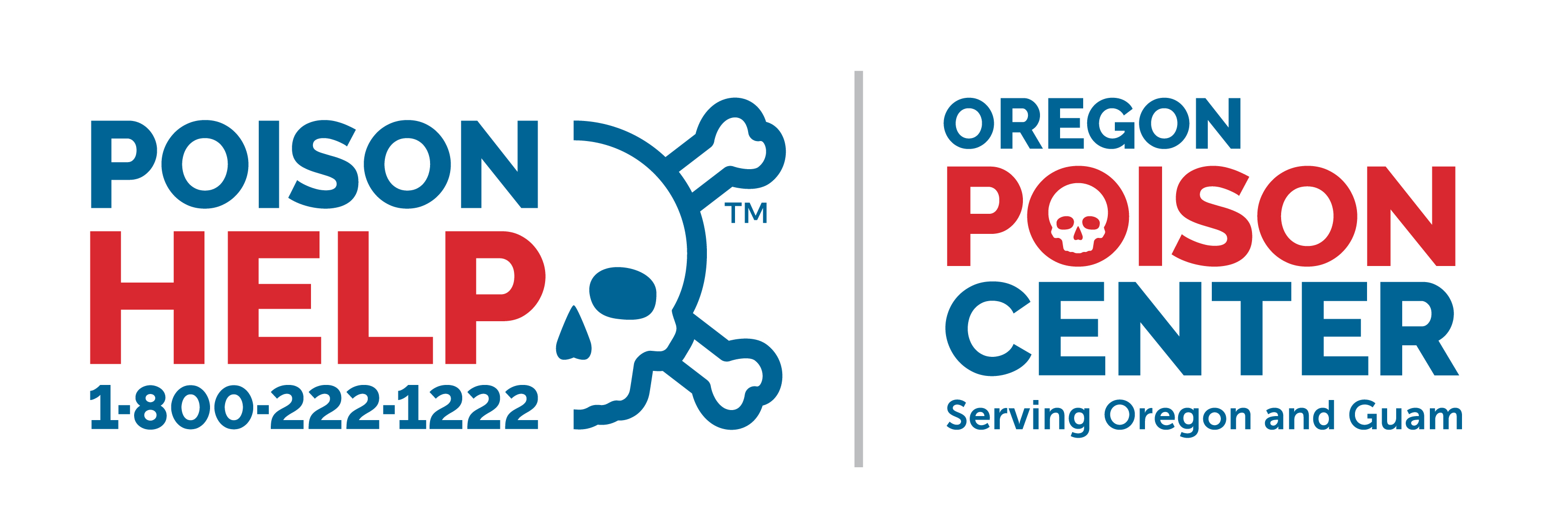 The Poison Help hotline, 1-800-222-1222, is shown with a half skull and cross bones next to the Oregon Poison Center logo showing a skull in the "O" of Poison.