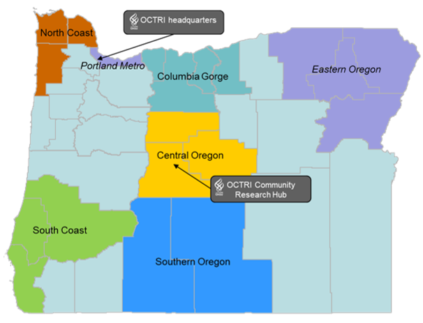 Map of the state of Oregon with the Portland campus, Community Research Hub headquaters, and Community Research Liaison regions labeled. Regions are detailed in the text on the page.