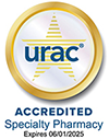 A gold star inside a golden ring with text over it that says "URAC" and text beneath it that says "Accredited Specialty Pharmacy Expires 06/01/2025."