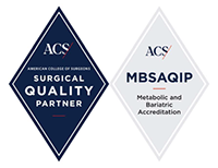 A blue diamond logo that reads "ACS American College of Surgeons Surgical Quality Partner" conjoined to a white diamond logo that reads "ACS MBSAQIP Metabolic and Bariatric Accreditation."