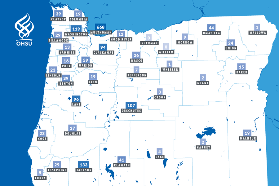 A map of Oregon showing how many addiction training sessions took place in each county.