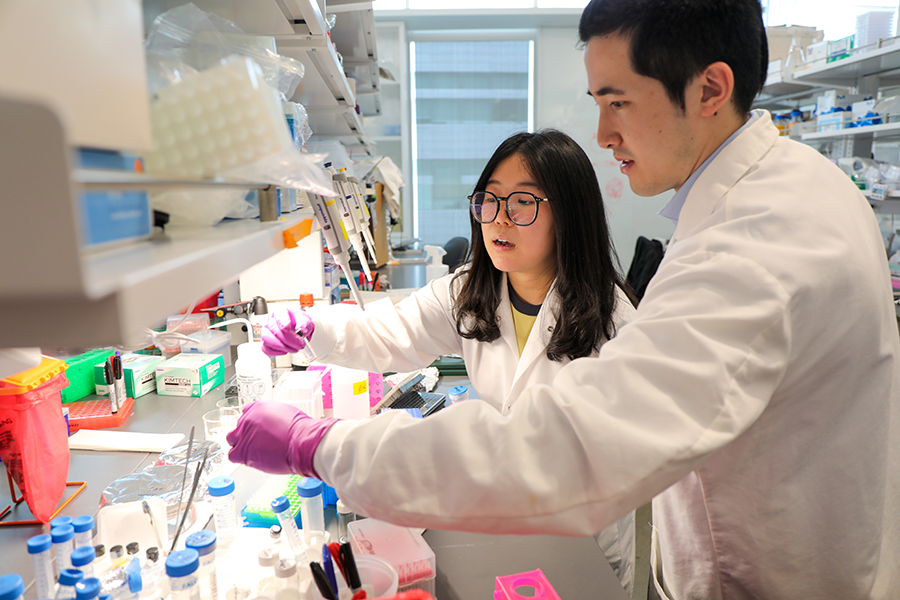 Two researchers, one male and one female, working in a lab.